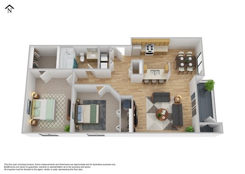 Floor plan for 2 beds, 1 bath, 893 sqft